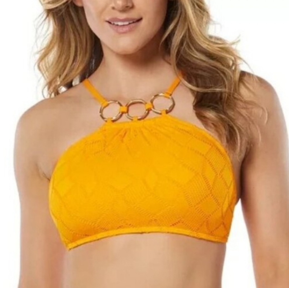 Vince Camuto High Neck Crochet Gold Ring Bikini TOP Size MEDIUM NEW WITH TAGS